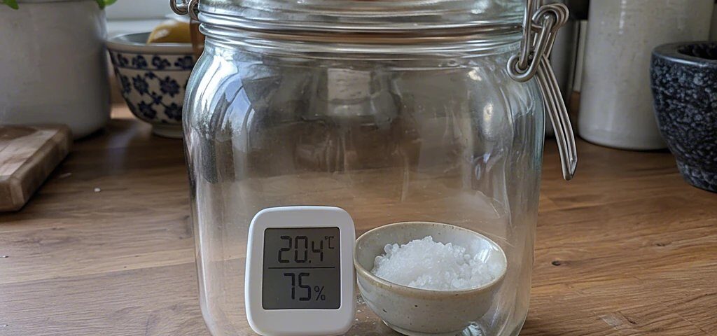 Digitales Hygrometer in einem verschlossenen Einmachglas neben einer Schale mit feuchtem Salz